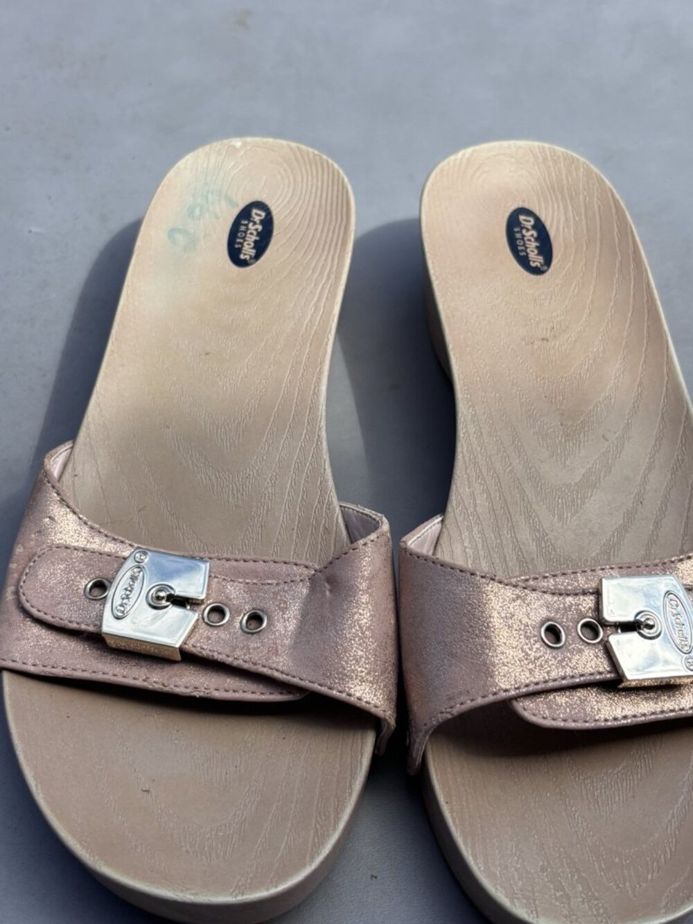 Dr. Scholl's Orig Women Sandals Bronze Metallic Leather Wood Size 7
